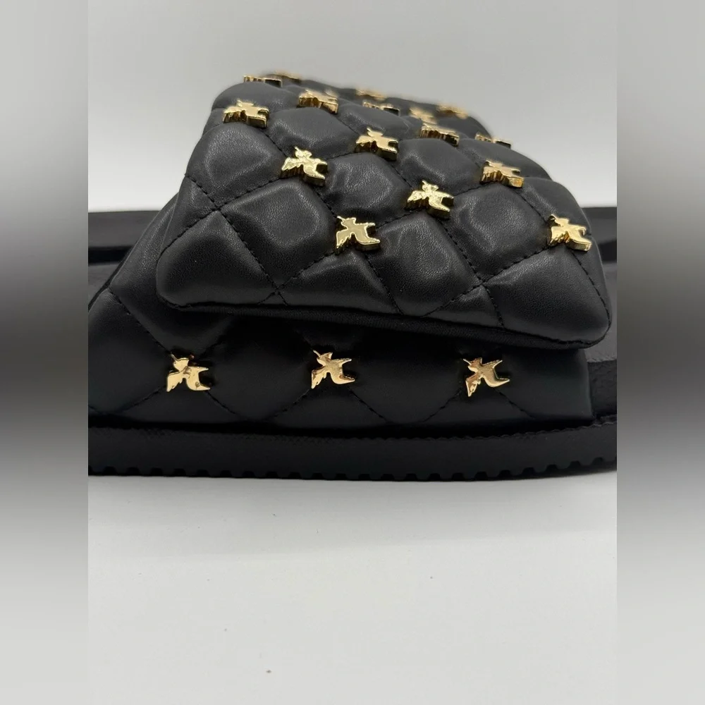 She Is Cheval Black Quilted Slide Sandals W/Gold Accents Comfort Designer Style - Picture 4 of 17